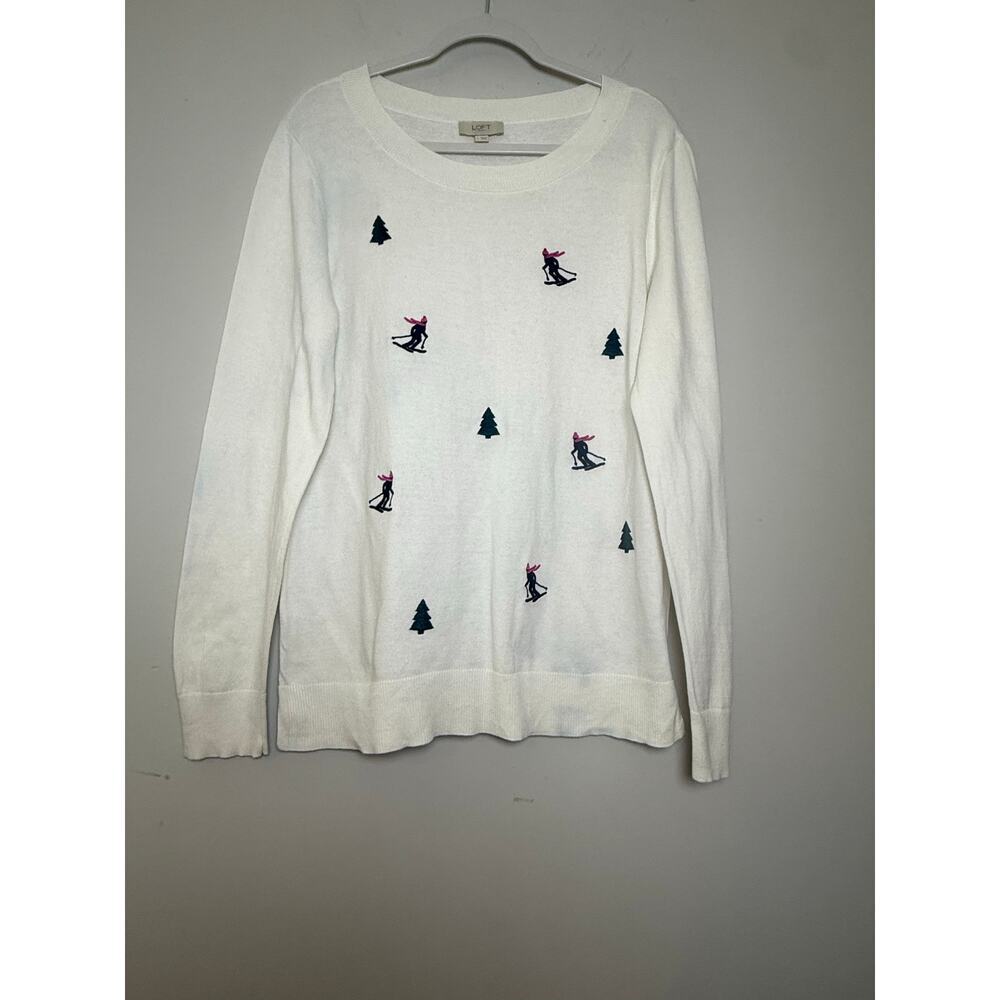 LOFT White Sweater with Ski and Tree Motif